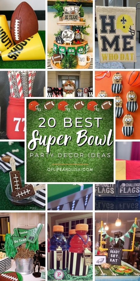 Super Bowl party decor ideas Super Bowl Table Decor, Superbowl Party 2024, Work Super Bowl Party Ideas, Superbowl Party Centerpieces, Easy Super Bowl Decorations, Super Bowl Set Up, Superbowl Party Table Decor, Decorate For Superbowl Party, Simple Superbowl Decorations