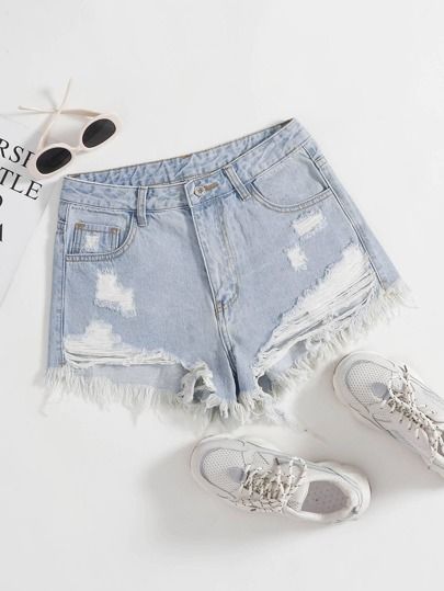 Free Returns ✓ Free Shipping On Orders $49+ ✓. Ripped Raw Hem Denim Shorts- Denim Shorts at SHEIN. Store Outfits, Women Denim Shorts, Outfits Mit Shorts, Summer Shorts Denim, Jean Bleu, Ripped Jean Shorts, Ripped Denim Shorts, Shein Outfits, Ripped Shorts