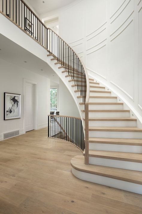 Mediterranean Stairs, Curved Staircase Foyer, Modern Home Entryway, French Transitional Home, French Transitional, Entryway Decorating Ideas, Transitional Staircase, Entryway Decorating, Home Entryway