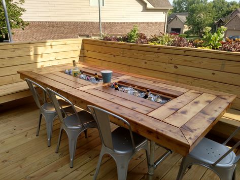 Diy Outdoor Dining Table With Cooler, Patio Table With Built In Cooler, Outdoor Table Bench Seating, Built In Deck Table, Outdoor Kitchen With Table, Built In Deck Bench Seating, Outdoor Table With Cooler, Built In Patio Seating, Built In Deck Seating