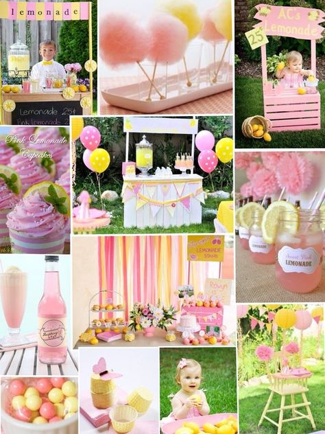 Pink And Yellow Themed Birthday Party, Lemonade Party Ideas, First Birthday Girl Themes, Lemonade Party Decorations, Lemonade Ideas, Lemonade Party Theme, Lemonade Stand Birthday Party, Lemonade Stand Birthday, Lemonade Stand Party