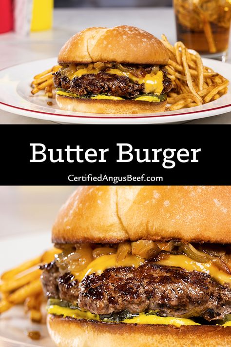 Butter burgers are a Midwestern delicacy. This decadent cheeseburger is delicious, and a little pickle and sauteed onion round out the flavor. Big Burgers Cheeseburgers, Smashed Butter Burgers, Homemade Gourmet Burgers, Crazy Burgers Ideas, Restaurant Style Burgers, Cheeseburger With Egg, Hamburger Recipes Stove Top, Best Homemade Burgers Patties Recipe, Sauteed Onions For Burgers