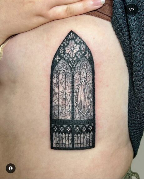 Chapel Window Tattoo, Victorian Window Tattoo, Church Windows Tattoo, Stained Glass Tattoo Black And White, Gothic Window Tattoo Design, Stain Glass Window Tattoo, Window Tattoo Simple, Church Window Tattoo, Stain Glass Tattoo