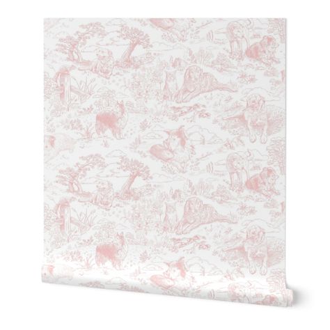 Country Dogs Toile Blush Pink on White Wallpaper | Spoonflower Country Dogs, Vinyl Wallpaper, White Wallpaper, House Inspiration, Blush Pink, Wallpaper Spoonflower, Custom Wallpaper, New Homes, Blush