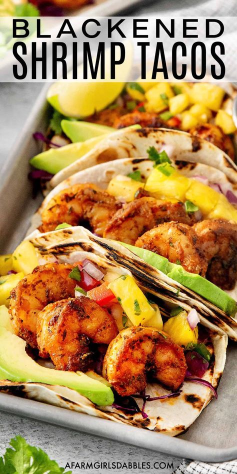 This easy Blackened Shrimp Tacos recipe features charred tortillas stuffed with flavorful blackened shrimp and sweet pineapple salsa. Served with a simple lime crema, these seafood tacos are a favorite around here! Sweet Chili Shrimp Tacos, Blackened Shrimp Tacos, Seafood Tacos, Shrimp Tacos Recipe, Shrimp Burrito, Sweet Chili Shrimp, Shrimp Tacos Easy, Sweet Shrimp, Shrimp Taco Recipes