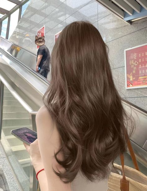 Light Cocoa Brown Hair, Korean Hair Brown, Brown Hair Colors Aesthetic, Pale Skin With Brown Hair, Beige Chocolate Hair, Brown Hair Woman Aesthetic, Chocolate Greige Hair, Hazel Nut Hair, Color Gloss Hair Before And After