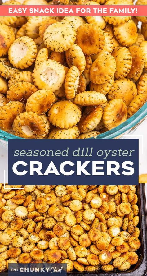 These Dill-Seasoned Oyster Crackers are the bold and satisfying snack you've been dreaming of! Simple seasonings, oyster crackers and a bit of oil are tossed then baked until crunchy and fabulous! #snack #appetizer #oystercrackers #crackers #dill #seasoned Dill Pickle Oyster Crackers, Oyster Fire Crackers, Garlic Oyster Crackers Recipe, Oyster Crackers Sweet, Dill Oyster Crackers, Jack Snacks, Oyster Cracker Snack, Crackers Homemade, Oyster Crackers Recipe