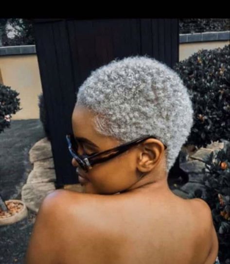 Platinum Afro Hair, Dyed Short Hair For Black Women, Short Hair Dye Black Women, Platinum Fade Haircut Black Women, White Dye On Short African Hair, White Twa Natural Hair, Dye Short Hair Ideas, Silver Short Hair Black Women, Natural Grey Short Hair