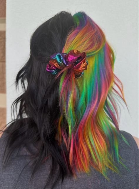 Split Dyed Hair Black And Rainbow, Green Peekaboo Hair Blonde, Vivid Hair Color Split Dye, Multiple Color Hair Dye Ideas, Fun Hair Color Ideas Split Dye, Black With Rainbow Hair, Split Rainbow Hair, Slip Dye Hair, Colorful Split Dye