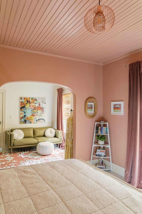 Emma's Pink Bedroom Tour Pale Pink Ceiling Bedroom, Pink On Pink Bedroom, Pink Walls Wood Trim, Pink Wall And Ceiling, Bedroom Inspirations Pink Walls, Pink Walls In Bedroom, Pink Painted Bedroom, Light Pink Walls Bedroom, Pink Ceiling Bedroom