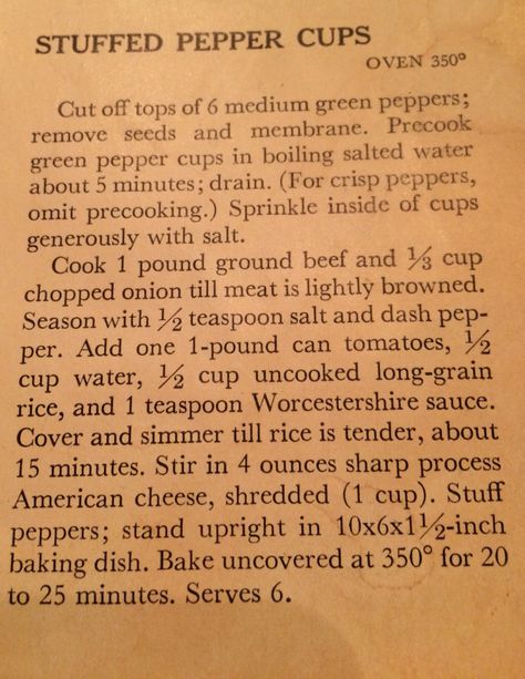 Betty Crocker original Stuffed Pepper Cups Betty Crocker Stuffed Green Peppers, Betty Crocker Stuffed Peppers, Ww Calculator, Creative Dinners, Stuffed Green Pepper, Newspaper Recipes, Green Pepper Recipes, Lean Protein Meals, Lasagna Casserole