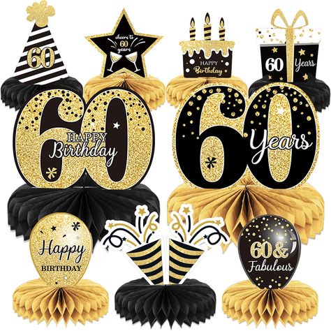 PRICES MAY VARY. Package: you will get 9 pieces of birthday honeycomb centerpieces including stars,cake,balloons , and so on;These 60th table decorations are so chic and funny that make your birthday theme party a big hit. Great size: their sizes are about 6 x 8 inches, add some atmosphere by setting these gold decorations for the birthday party in the middle of the table and these cool black and gold decorations are impressive enough to be noticed. Durable quality: the birthday table centerpiec