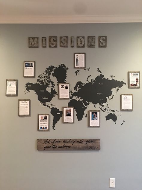 Display wall of all the missionaries we support. Display Wall Design Office, Missions Wall Display, Missions Board Display, Pastoral Office Ideas, Missions Sunday Decor, Mission Bulletin Board Ideas, Church Foyer Decorating Ideas, Bible Display Ideas, Aesthetic Church Pictures