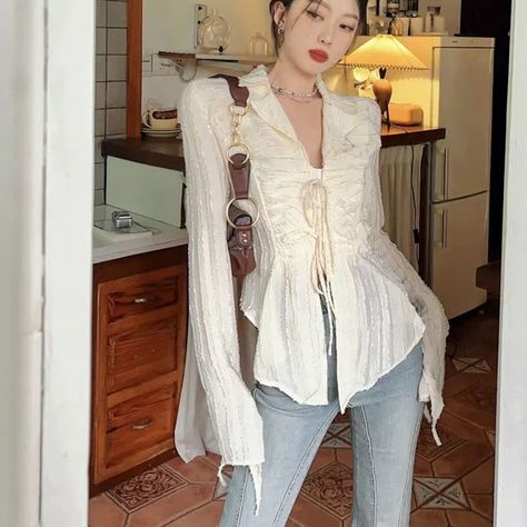 Apricot Color Chiffon Sunscreen Shirt Women Spring Slim Long Sleeved V-neck Asymmetrical Niche Coquette Grunge Aesthetic, Lace Up Blouse, Coquette Grunge, Ruffle Long Sleeve Blouse, Alt Clothes, Y2k Women, Vintage Coquette, Ruffle Long Sleeve, Solid Clothes