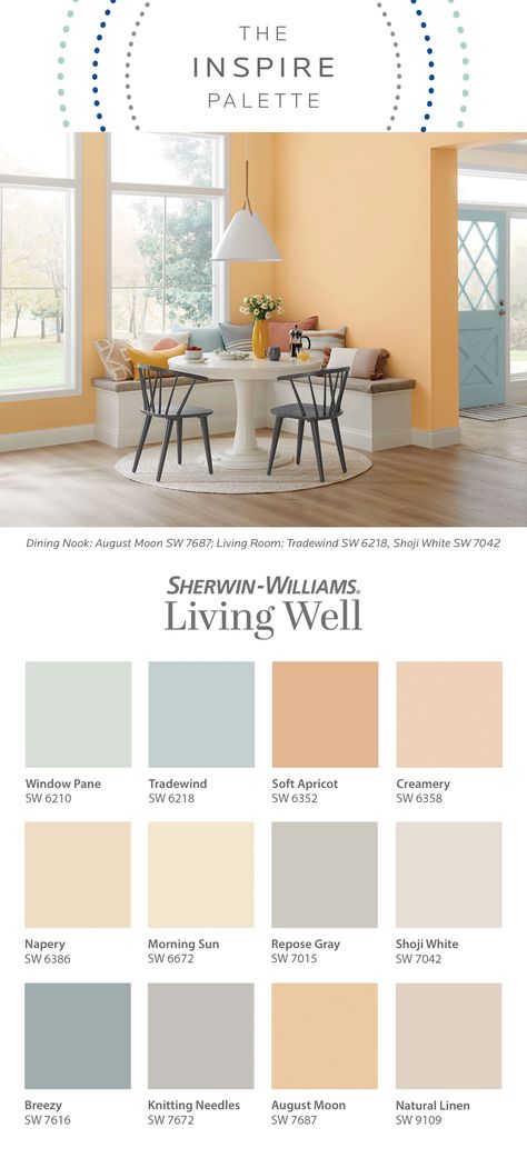 Bring joyful, happy hues into your home with the Inspire color palette, part of the Sherwin-Williams Living Well™ collection of paints that actively sanitize or purify the air. Tap this pin to explore all 12 colors, each carefully curated to fill any space with a glowing, feel-good warmth. #SWLivingWell #sherwinwilliams #inspire #paint #innovation #diy #colorinspiration Positive Energy Paint Colors, Happy Interior Paint Colors, Peach Accent Wall Living Room, 12 Colors Palette, Happy Paint Colors For Bedroom, Bright Color Schemes For The Home, Light Color Palette For Home, Happy Living Room Colors, Cottage Color Palette Interior