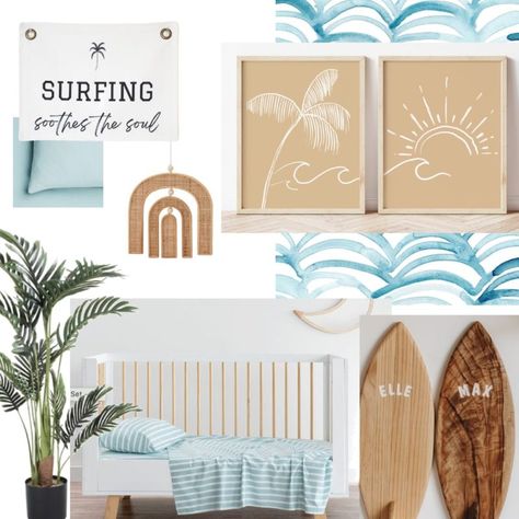 Surf Board Name Sign Nursery, Kids Beach House Bedroom, Surf Style Bathroom, Neutral Surf Nursery, Surfer Playroom, Best Neutral Nursery Paint Colors, Surf Theme Bathroom, Surf Toddler Room, Boho Beach Nursery Boy