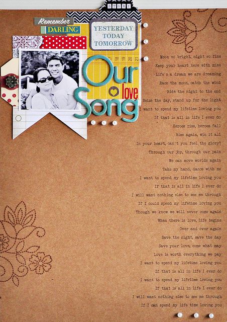 Our Song - Layout Idea {How about doing one for your kids each year with their favorite song lyrics} <3 Craftyagentmom Ide Scrapbook, Boyfriend Scrapbook, Couple Scrapbook, Our Adventure Book, Anniversary Scrapbook, Anniversaire Diy, Our Song, Album Scrapbook, Wedding Scrapbook