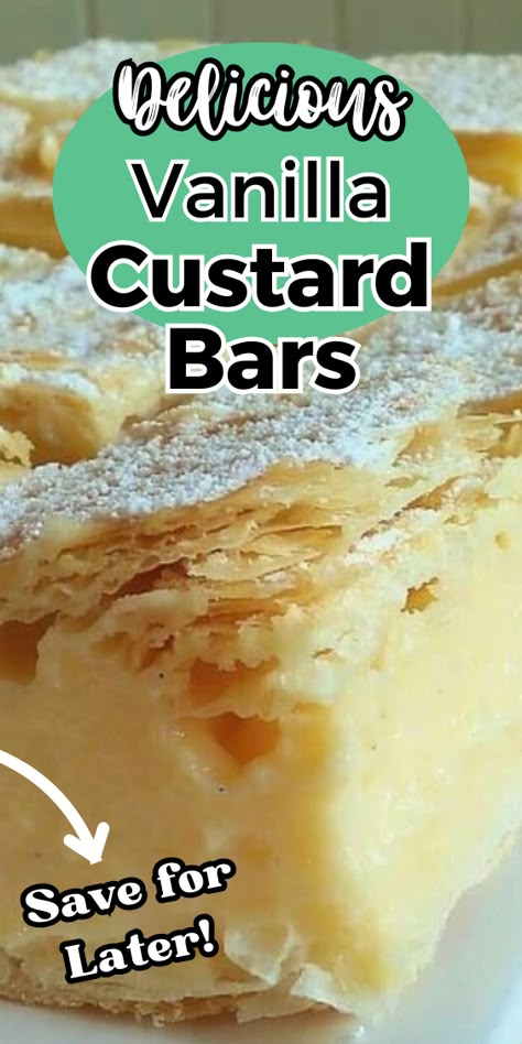 Vanilla Custard Bars!!! Custard Bars Desserts, Vanilla Custard Bars, Vanilla Custard Cream Squares Recipe, Vanilla Custard Bars With Puff Pastry, Homemade Vanilla Custard, Classic Vanilla Custard Bars, Vanilla Custard Pie, Homemade Custard Recipe, Custard Cookies