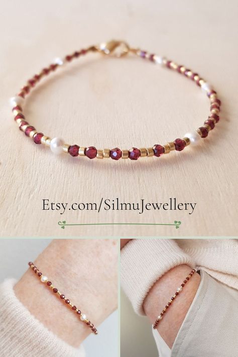 Handmade dainty stacking bracelet features a mix of the tiniest red garnet gemstones in red wine tones, tiny freshwater pearls and gold seed beads to make a delicate, modern cool bracelet Mixed Gemstone Bracelet, Red Crystal Bracelet, Red Beaded Bracelet, Gelang Manik-manik, January Birthday, Trending Bracelets, Jewelry Hanger, Jewellery Sketches, Gelang Manik