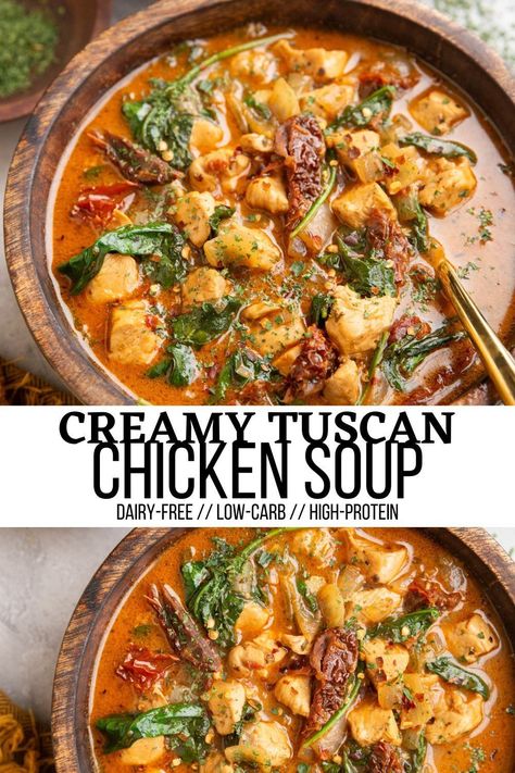 Tuscan Chicken Soup features rustic flavors for a hearty and delicious soup! Made dairy-free, this healthy soup recipe is low-carb, high protein and the perfect weeknight meal! #paleo #dairyfree #soup #chicken #healthy #paleo #whole30 Healthy Soup With Pasta, Dairy Free Tuscan Soup, Pioneer Woman Tuscan Chicken Soup, Best Dairy Free Soup, Fall Soups Healthy Dairy Free, Df Soup Recipes, Rustic Chicken Soup, Soothing Soup Recipes, Healthy Chicken Soup Crockpot Low Carb Easy Recipes