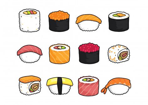 Sushi Drawing, Sushi Cartoon, Japan Sushi, Pola Kotak, 귀여운 음식 그림, Sushi Art, Sushi Set, Cute Food Drawings, Food Stickers