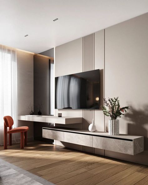 Studio Nacrt on Instagram: “Studio Nacrt design bedroom 💫” Tv Unit Master Room, Tv And Make Up Table Bedroom, Study With Tv Unit Bedroom, Bedroom Tv Wall Ideas Modern, Tv Unit Design Bedroom, Tv Bedroom Wall, Tv Unit For Bedroom, Tv Wall Design Bedroom, Tv Unit Design Modern Bedroom