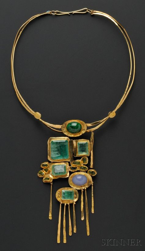 Necklace:  24kt and 18kt Gold Gems  |  c. 1978, designed as a plaque of bezel-set emeralds, peridot, and blue chalcedony, and green hardstone cabochon, suspended from a torque, plaque lg. 6 in., signed.   |  Artist:  Miye Matsukata, Janiye Bijoux Art Deco, Modernist Jewelry, Pakistani Jewelry, Ancient Jewelry, Contemporary Jewellery, Contemporary Jewelry, Schmuck Design, Modern Jewelry, Bling Bling