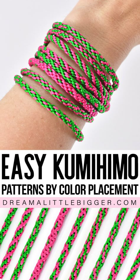 All you need are 8 cords in 2 colors to make these 9 fabulous Kumihimo patterns. Use this as a quick reference for 9 go-to Kumihimo cords! Kumihimo Braiding Patterns, Kumihimo Disk Patterns, Kumihimo Patterns 8 Strand 3 Colors, Kuhimino Pattern Ideas, Kumihimo Patterns Tutorial, Kumihimo Patterns With Beads, Hat Braids, Kumihimo Diy, Kumihimo Tutorial