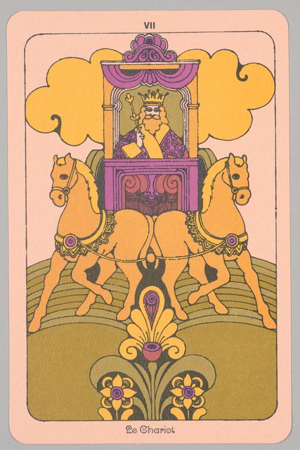 Card, "VII, Le Chariot" from Linweave Tarot Deck, 1967 The Chariot Tarot, Hippie Posters, 78 Tarot Cards, 카드 디자인, Tarot Cards Art, Tarot Art, Tarot Readers, Art Graphique, Tarot Card