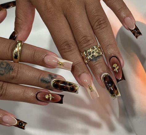 Nails Inspo 2024 Fall, Nails With Pictures On Them, Abstract Nail Designs Square, Black And Gold Freestyle Nails, Fall Nail Square, Brown Bday Nails, Nails Square Long Blue, Maximalist Nails Fall, Gold And Burgundy Nail Designs