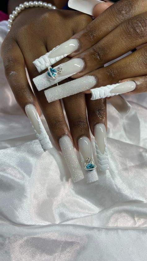 White Creative Nails, Milky White And Green Nails Acrylic, Long White Acrylic Nails With Gems, Milky White Nails Charms, White Dramatic Nails, Creamy Nails Design, White Based Nails, White Theme Nails, Soft White Nails Acrylic With Design