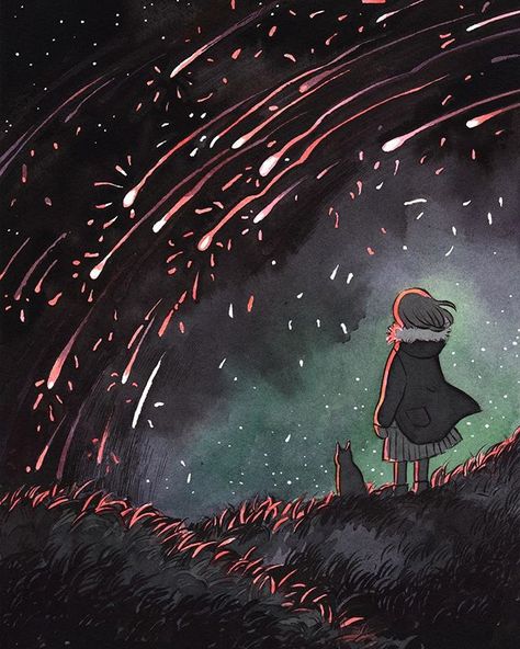 Meteor shower💫 #inktober day 11💕 #inktober2018 #illust Cavetown Meteor Shower Art, Meteor Shower Illustration, Meteors Aesthetic, Meteor Shower Painting, Meteor Shower Drawing, Meteor Aesthetic, Meteor Shower Cavetown, Meteor Shower Aesthetic, Meteor Illustration