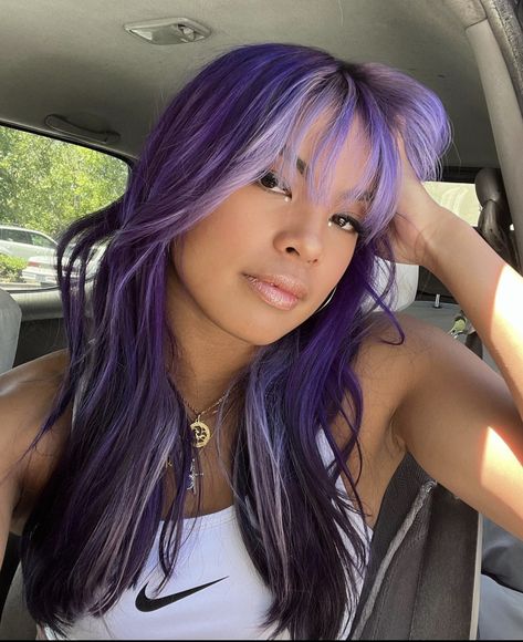 Purple Hair Multicolor, Oil Slick Money Piece Hair, Blonde And Lilac Hair Highlights, Dark Brown Hair With Lavender Highlights, Dark And Light Purple Hair, Blonde And Purple Hair Ombre, Purple Peek A Boo Hair, Hair Colour Combos, Quarter Dyed Hair