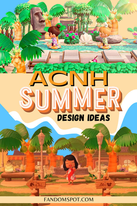 Add a cute summer-y vibe into your ACNH island with this adorable inspo gallery. Peep all these designs to learn how to build a beach paradise, a tropical getaway, or even a summer styled backyard behind your house. Buildings Acnh, Tropical Resident Services Acnh, Acnh Tropical City, Acnh Summer Island, Tropical Island Acnh, Animal Crossing Tropical Island, Tropical Animal Crossing Island, Acnh Beach House, Acnh Tropical