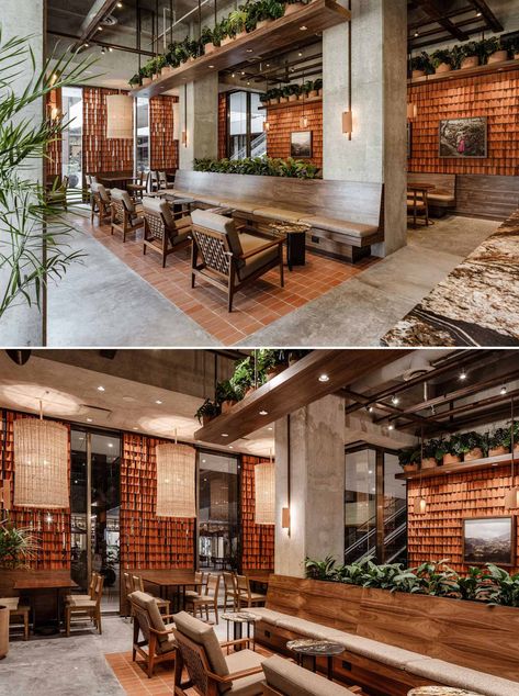 Filipino Interior Design, Coffee Shop Concept, Wood Cafe, Modern Coffee Shop, Clay Roof Tiles, Clay Roofs, Cafe Seating, Modern Cafe, Cafe Shop Design