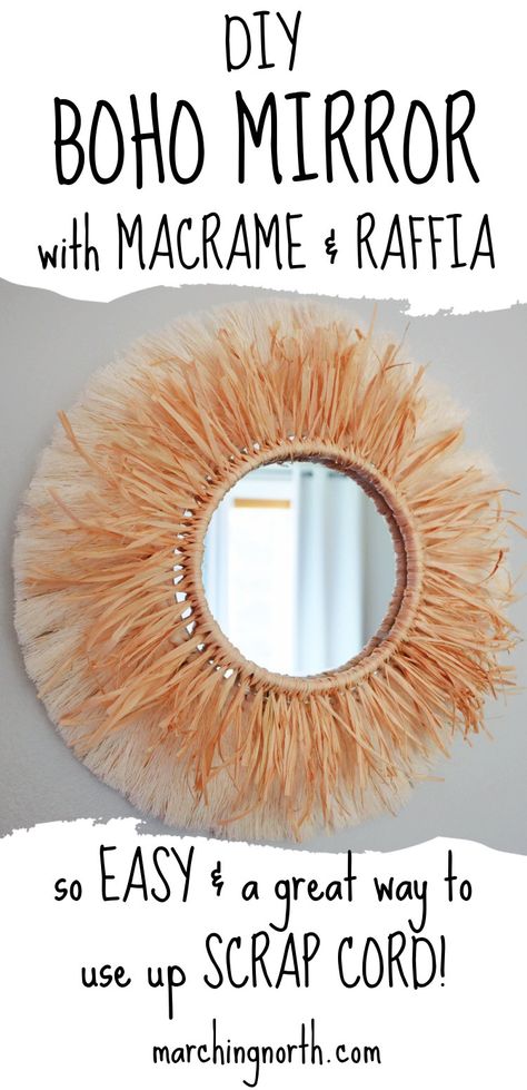 DIY Boho Mirror with Macrame & Raffia Boho Mirror Frame, Macrame Scraps, Macrame Projects Ideas, Diy Mirror Frame, Raffia Mirror, Boho Mirrors, Mirror Collage, Mirror Boho, Boho Mirror