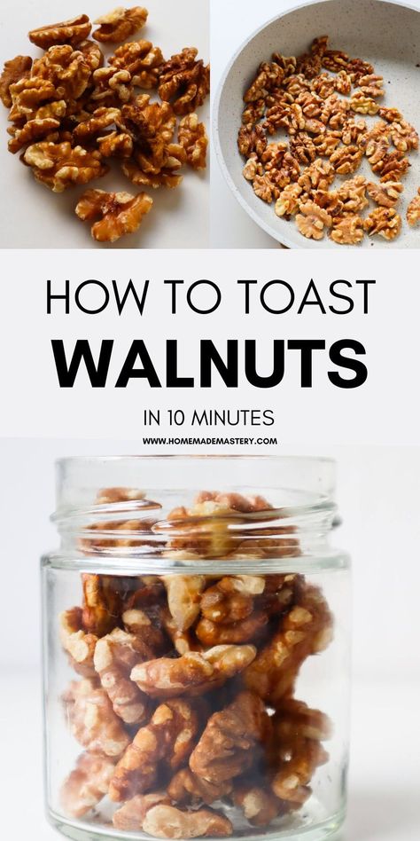 Here's how to toast walnuts easily to use with breakfast, on salads or desserts, because they're so versatile! Toasting raw walnuts takes about 10 minutes and will result in a rich and bold nutty flavor that goes with sweet and savory dishes! Toasting Walnuts In The Oven, How To Toast Walnuts In The Oven, Toast Walnuts In Oven, Toasted Walnuts How To Make, Roasting Walnuts In The Oven, How To Toast Walnuts, Toasted Walnuts Recipe, Oven And Stove, Dessert Recipes Cookies