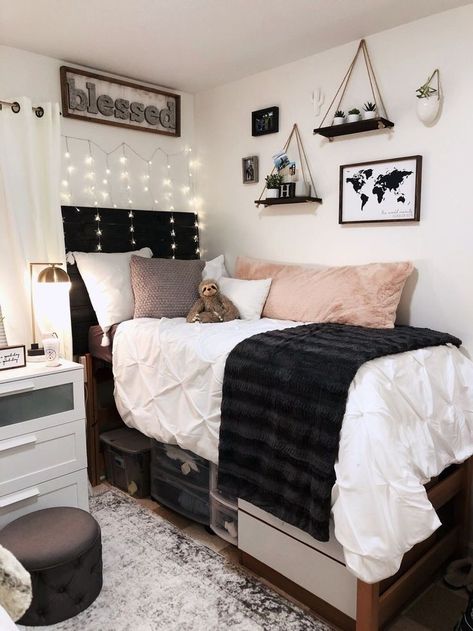 Dorm Carpet Ideas, Pink White Grey Dorm Room, Grey Dorm Aesthetic, Starry Dorm Room, Black White Dorm Room Ideas, Black Bed Dorm Room, Modern Dorm Room Aesthetic, Queen Size Bed In Corner Of Room, Black And White Aesthetic Dorm Room