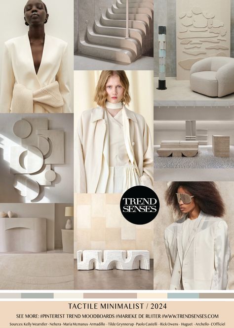 TACTILE MINIMALIST// 2024 – Trendsenses #mariekederuiter #mood #trend #moodboard #2024 #forecasting - Sources: Kelly Wearstler – Nehera – Maria Mcmanus -Armadillo – Tilde Grynnerup – Paolo Castelli – Rick Owens – Huguet – Archello – L’Officiel Trend Senses, Trend Moodboard, Fashion Trending Moodboard, 2025 Trends, Simple Complex, Trends 2025, Digital Fashion, Mood Board Inspiration, Kelly Wearstler