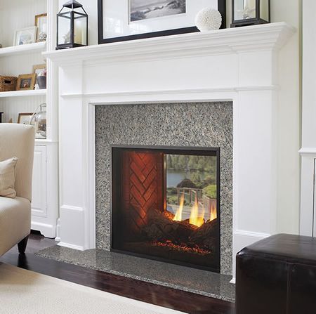 Install this fireplace on an exterior wall and enjoy both inside and outside. | Fortress Indoor/Outdoor See-Through Gas Fireplace | WoodlandDirect.com Indoor Outdoor Fireplace, Direct Vent Gas Fireplace, Two Sided Fireplace, Indoor Outdoor Fireplaces, Outdoor Gas Fireplace, Gas Fireplace Insert, Double Sided Fireplace, Fireplace Remodel, Home Fireplace