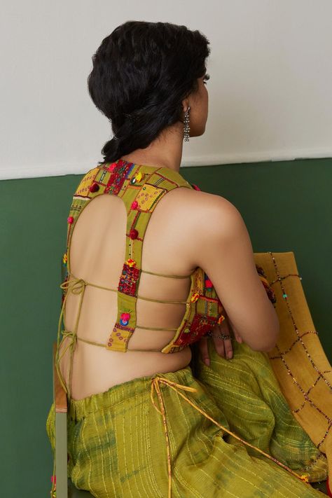 Buy Medha Green Embroidered Blouse With Tie Dyed Palazzos Online | Aza Fashions Sleeveless Blouse Designs, Embroidery Neckline, Blouse Designs High Neck, Blouse Designs Catalogue, Best Blouse Designs, Choli Blouse, Latest Model Blouse Designs, Backless Blouse Designs, Fashionable Saree Blouse Designs