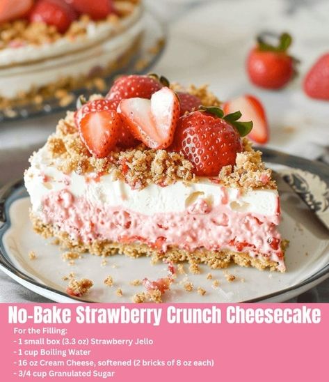 No-Bake Strawberry Crunch Cheesecake via @recipecs Strawberry Crunch Cheesecake, Jello Cheesecake, Crunch Cheesecake, Bake Cheese, Strawberry Crunch Cake, Rich Cheesecake, Strawberry Crunch, Strawberry Dessert Recipes, Strawberry Dessert