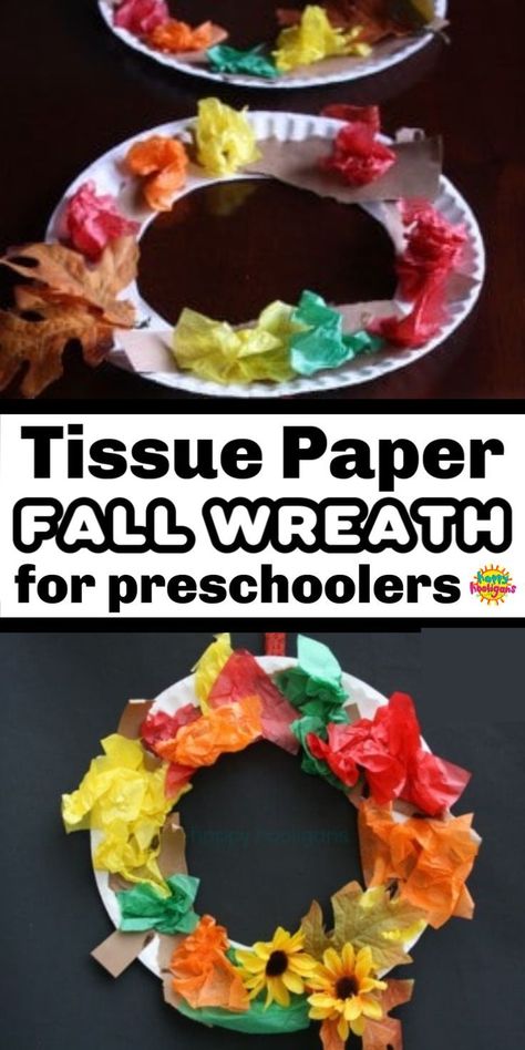 A tissue paper fall wreath is the perfect fall craft for toddlers and preschoolers. Easy and inexpensive! | Fall Crafts for Kids Fall Color Crafts Preschool, Fun Activities For After School Programs, Fall Wreath Craft Preschool, Fall Art Crafts Preschool, Fall Theme Art For Toddlers, Thanks Giving Art For Preschoolers, Fun Arts And Crafts For Preschoolers, November Fine Motor Activities Preschool, Fall Themed Art For Toddlers