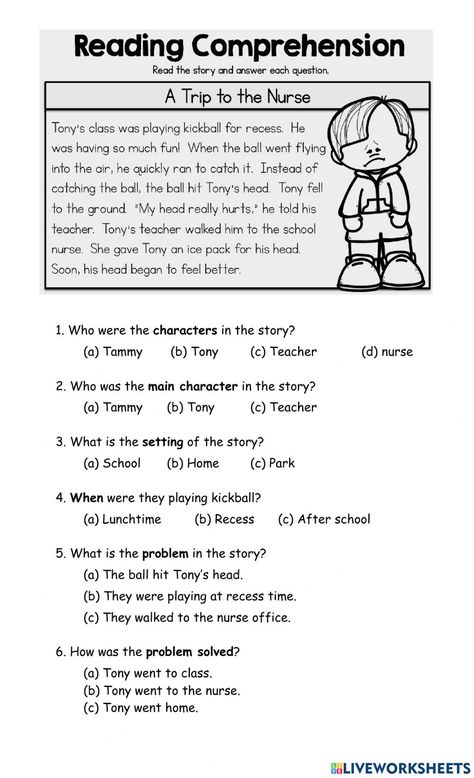 Story elements online worksheet for Grade 1. You can do the exercises online or download the worksheet as pdf. Gr 1 Worksheets English, Read And Recall Worksheet, Literature Worksheets For Grade 1, Story Elements Grade 1, English Revision Worksheets Grade 1, Elements Of A Story Activities, Elements Of A Story Worksheet, 1st Grade Story Elements, Short Reading Story To Answer Wh Question Words For Kindergarten