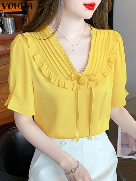 Elegant V-neck Tops With Self Design, Short Blouse, Elegant V-neck Short Sleeve Top For Summer, Elegant Summer Blouse With 3/4 Sleeves, Elegant V-neck Tops With Pockets, Elegant 3/4 Sleeve Summer Blouse, Casual Blouse Women, Cotton Night Dress, Ruffled Tunic