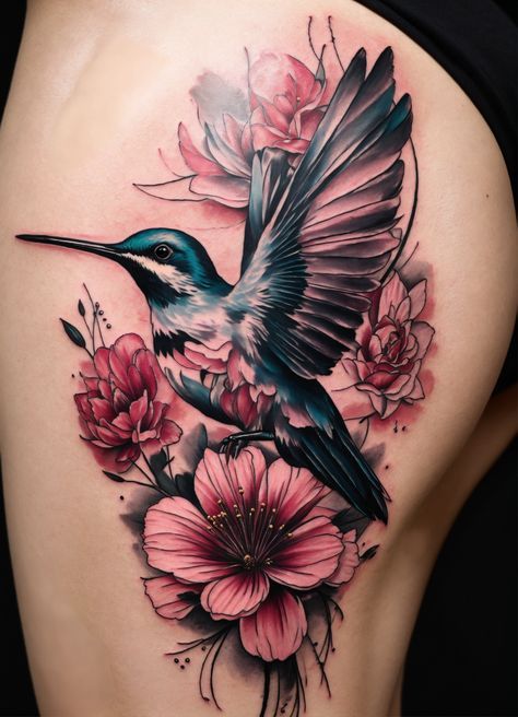 Thigh Tattoos Women Unique, Tattoos Women Unique, Hummingbird Flower Tattoos, Tasteful Tattoos, Hummingbird Flowers, Floral Tattoo Sleeve, Thigh Tattoos, Turtle Tattoo, Tattoos Women