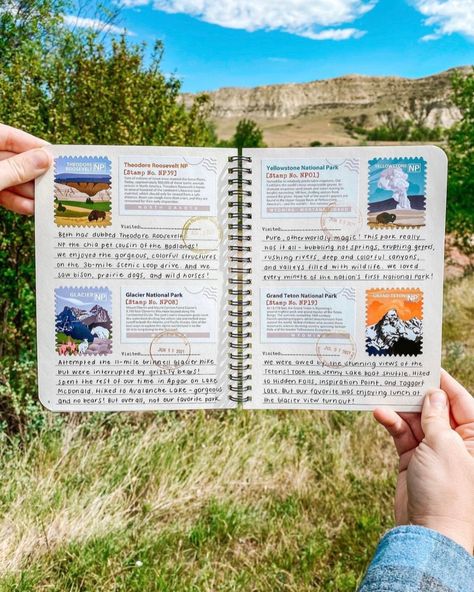 It's not just about the Travel Stamps; it's about the memories behind them. These stamps tell the stories of hiking adventures, wildlife sightings, campfire laughter, and starry nights.⁠ ⁠ And the best part? These memories are now beautifully preserved in our National Parks Journal, creating a book of experiences to remember forever. ⁠ ⁠ 📸: @seeingtheseitz | Make sure to go to their page and follow along with all of their adventures!⁠ ⁠ #TravelStamps #NationalPark #AdventureAwaits National Park Scrapbook Ideas, National Park Journal Ideas, National Park Memory Ideas, National Park Journal, Camping Journal Ideas, Hiking Journal Ideas, National Park Scrapbook, Travel Journal Aesthetic, Hiking Scrapbook