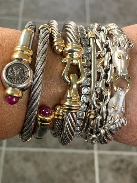 Thrift Style, West Indian Bangles, My Anniversary, Jewelry Stack, Wrist Stack, Mixed Metal Bracelets, Indian Bangles, Vintage Thrift, Mixed Metal Jewelry