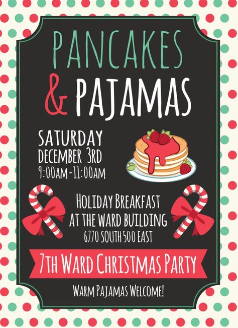 Lds Christmas Party, Pancakes And Pajamas Birthday Party, Christmas Brunch Party, Pajamas Birthday Party, Christmas Pancakes, Lds Christmas, Church Christmas Party, Christmas Pajama Party, Ward Christmas Party