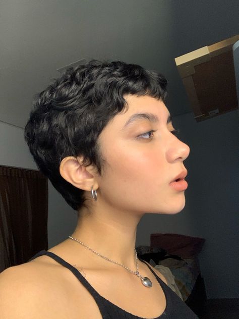 Buzzcut Women Curly Hair, Short Hairstyle Women Buzzed, Curly Really Short Hair, Close Cropped Pixie, Penny Tovar Short Hair, Pixie Sideburns, Really Short Hair Curly, Haircuts Latina, Really Short Hair Women